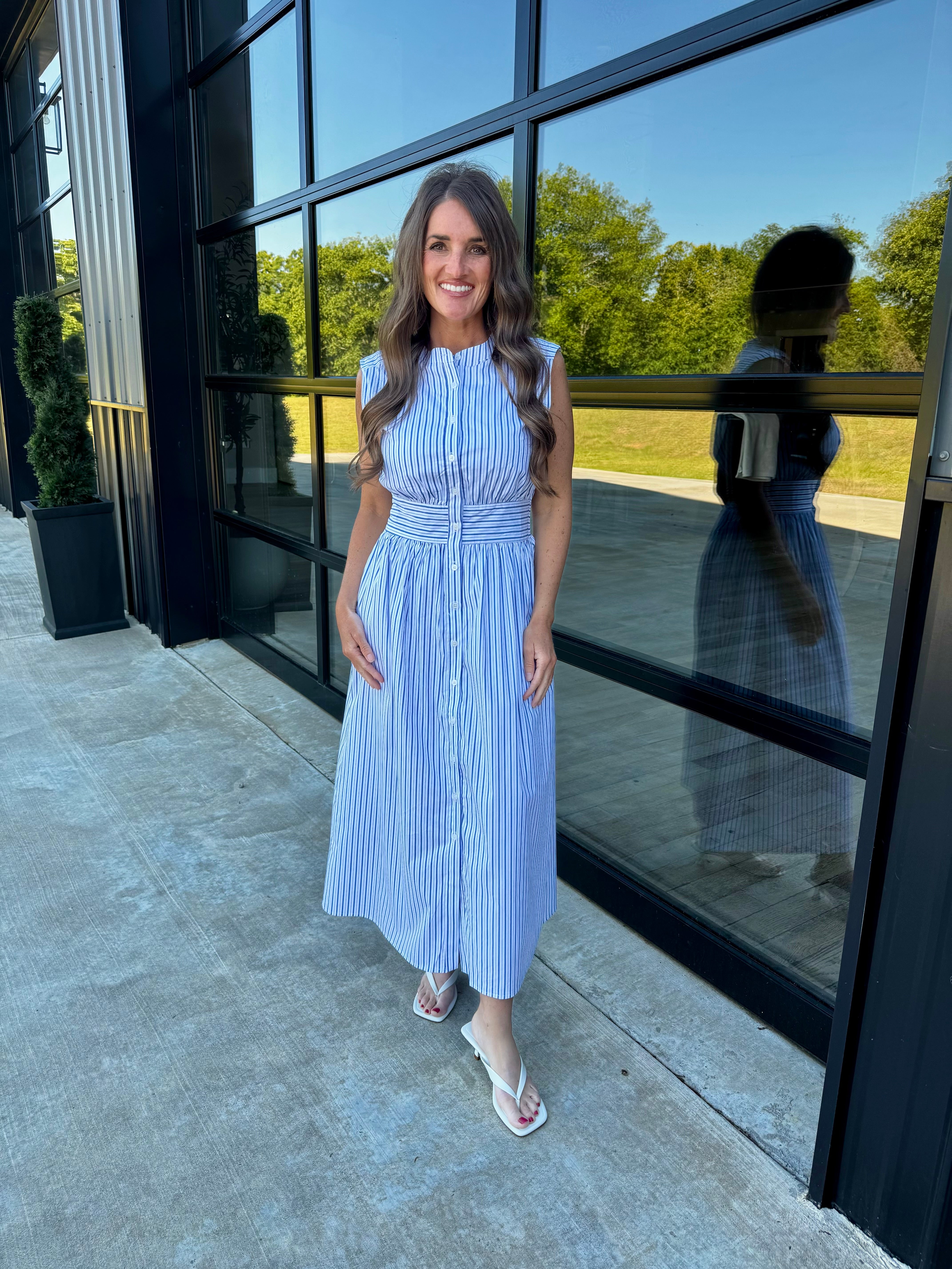 blue ivory dress Vibrant Blue & Ivory Cotton Tropical Print Midi Dress - All Dresses