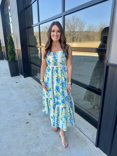 Ivory/Blue/Green Midi Dress