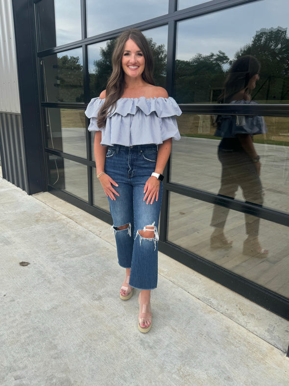 Navy/White Off Shoulder Top